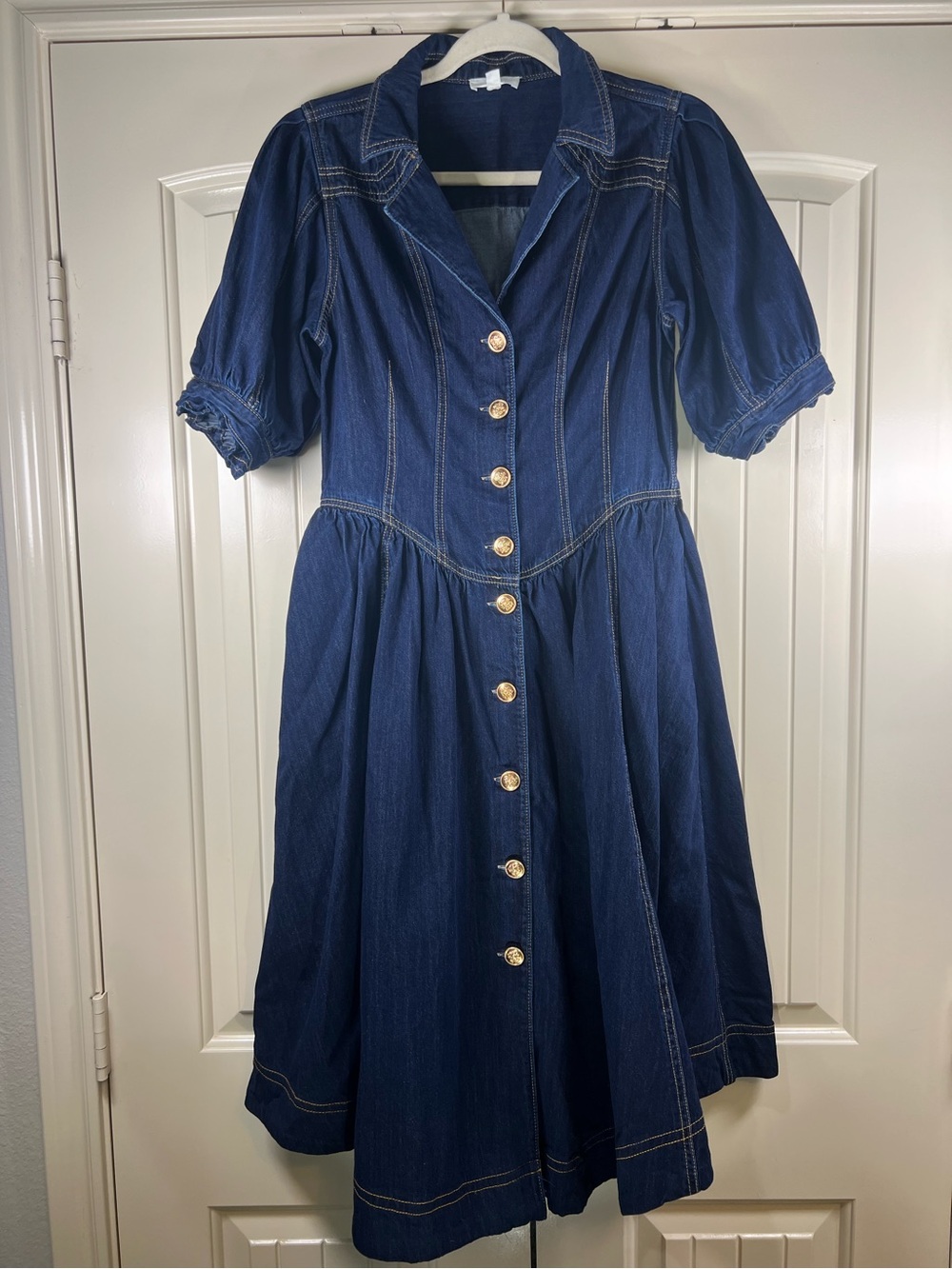 A Loves A Denim Notch Lapel Dark Denim Puff Sleeve Button Front Midi Dress MED